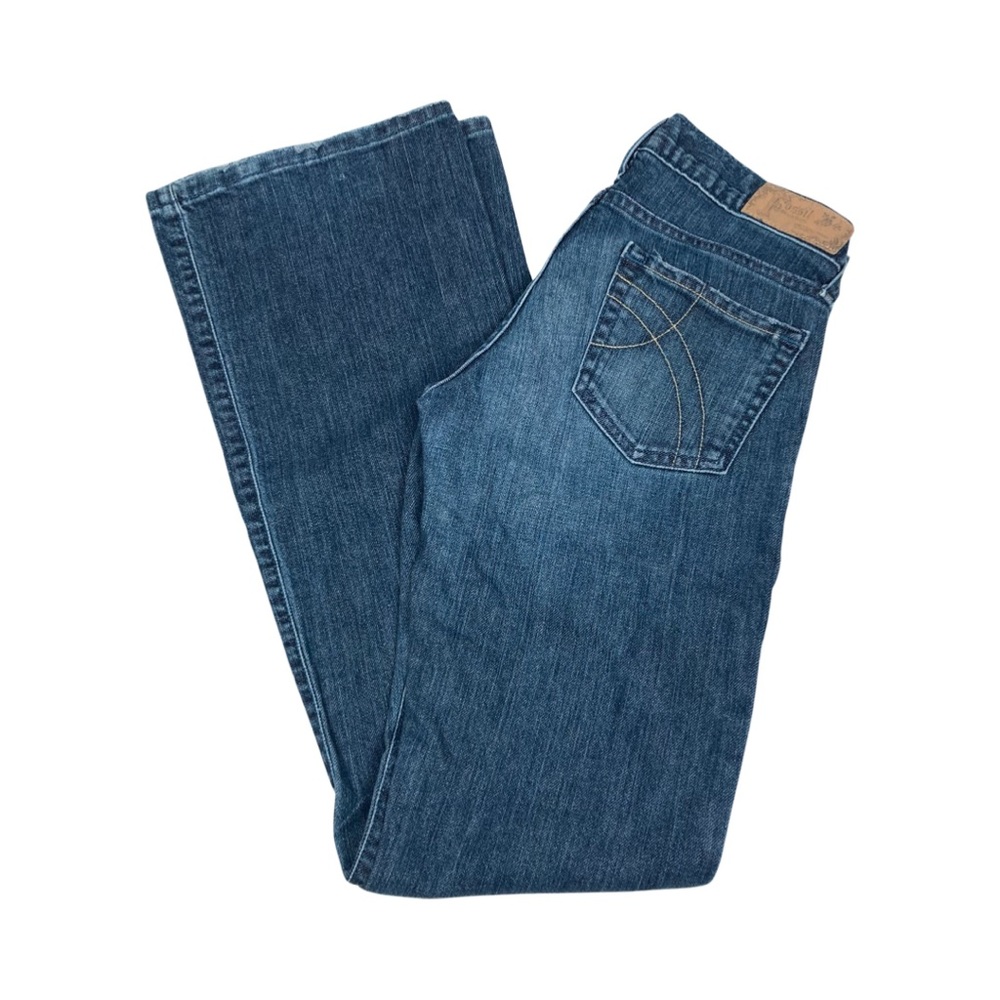 Fossil Brand Jeans Swift Boot Cut Size 2R Blue Medium Wash Distressed Bottom Hem